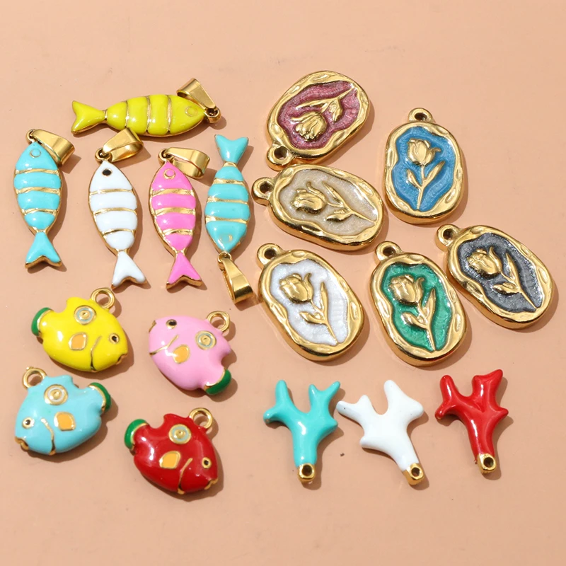 2-4pcs Enamel Stainless Steel Flower Coral Fish Charms Pendant DIY Jewelry Making Accessories Findings for Necklace Earrings