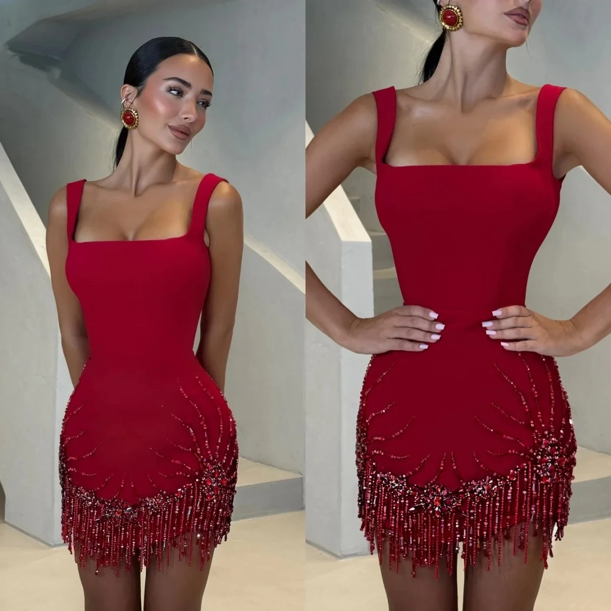 

Simple Crystal Evening Dresses Sequins Tassel Prom Dress Spaghetti Straps Short Party Dress Customized Vestidos de noche