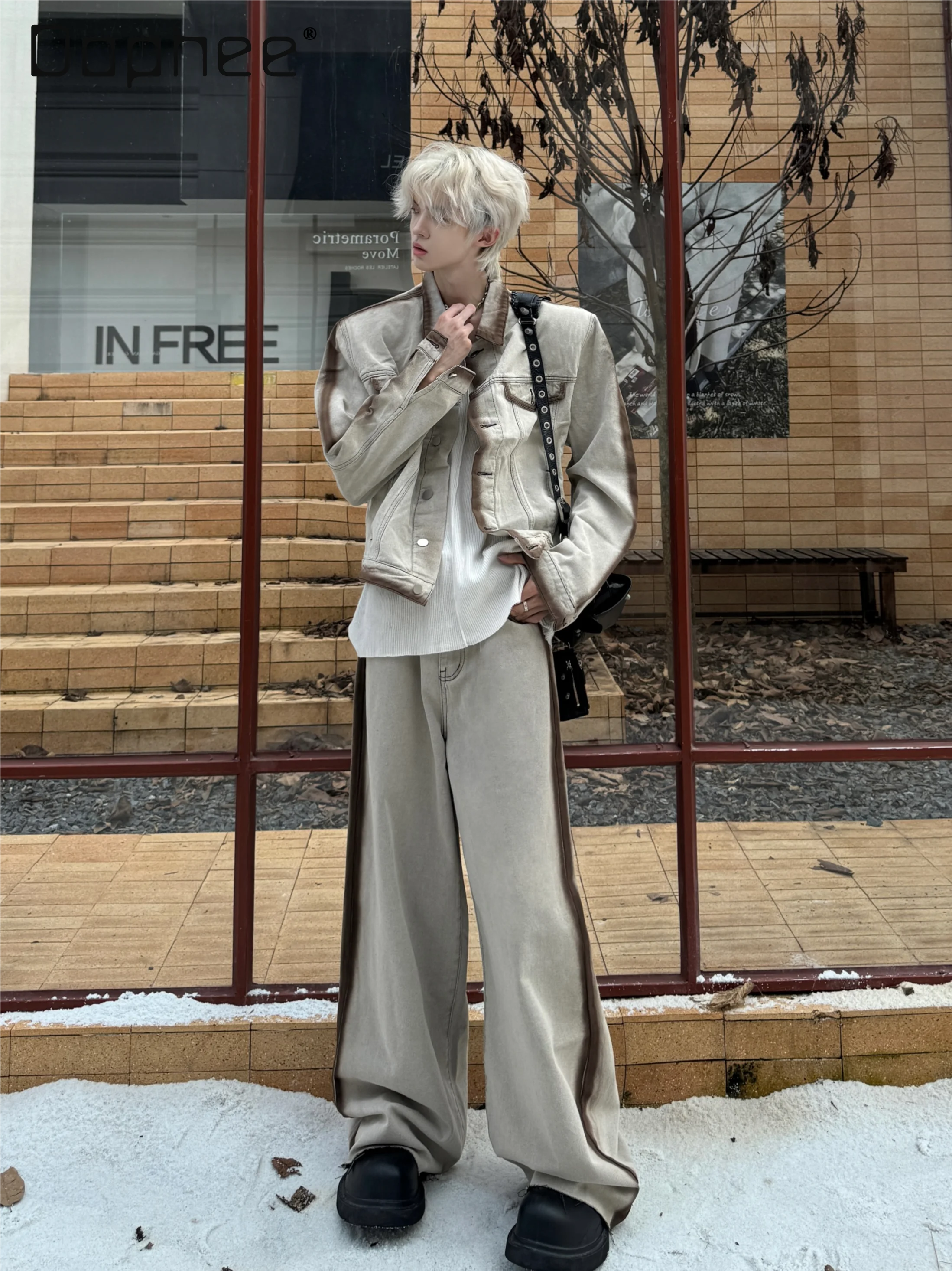 

Spring and Autumn New Commuter Style Men's Coffee Color Thin Denim Jacket Loose Casual Long Wide-Leg Pants Two-Piece Set