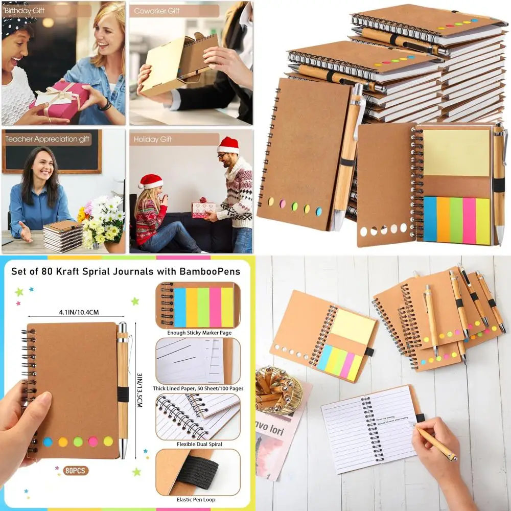 

Bulk 80-Set Christmas Gifts: Kraft Notebook, Sticky Note & Bamboo Pen for Team Motivation
