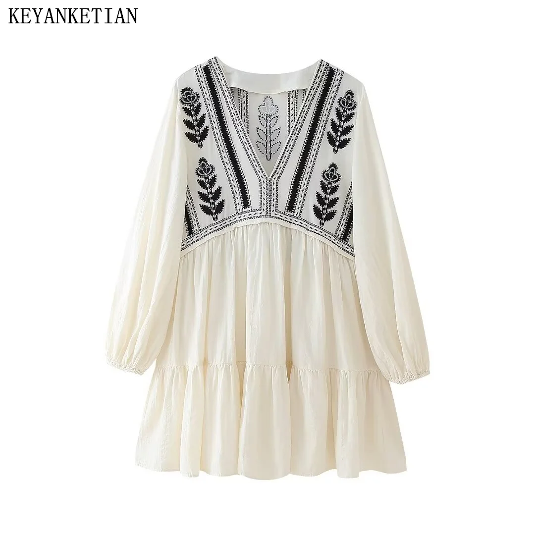 

KEYANKETIAN 2024 New Launch Ethnic style Floral Embroidery Mini Dress V-Neck Long Sleeve High waist Loose Women's Tiered Dresses