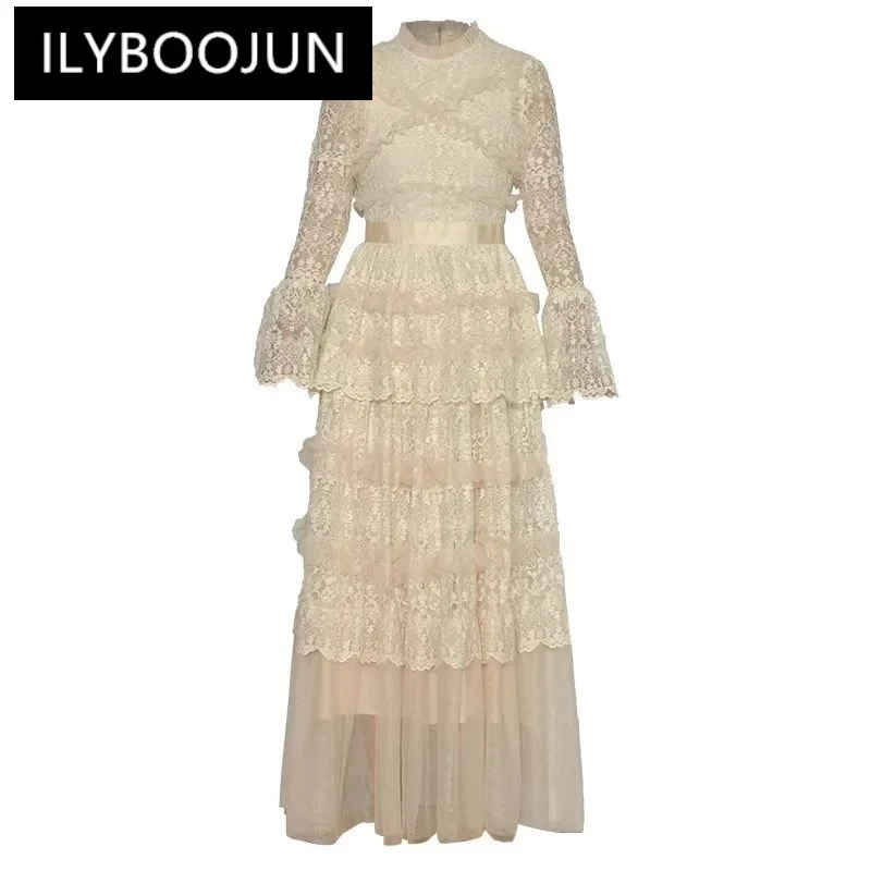 

ILYBOOJUN Fashion Designer Spring Women's Cake dress Long sleeved Flower embroidery Tiered ruffles Slim Elegant Maxi Dresses