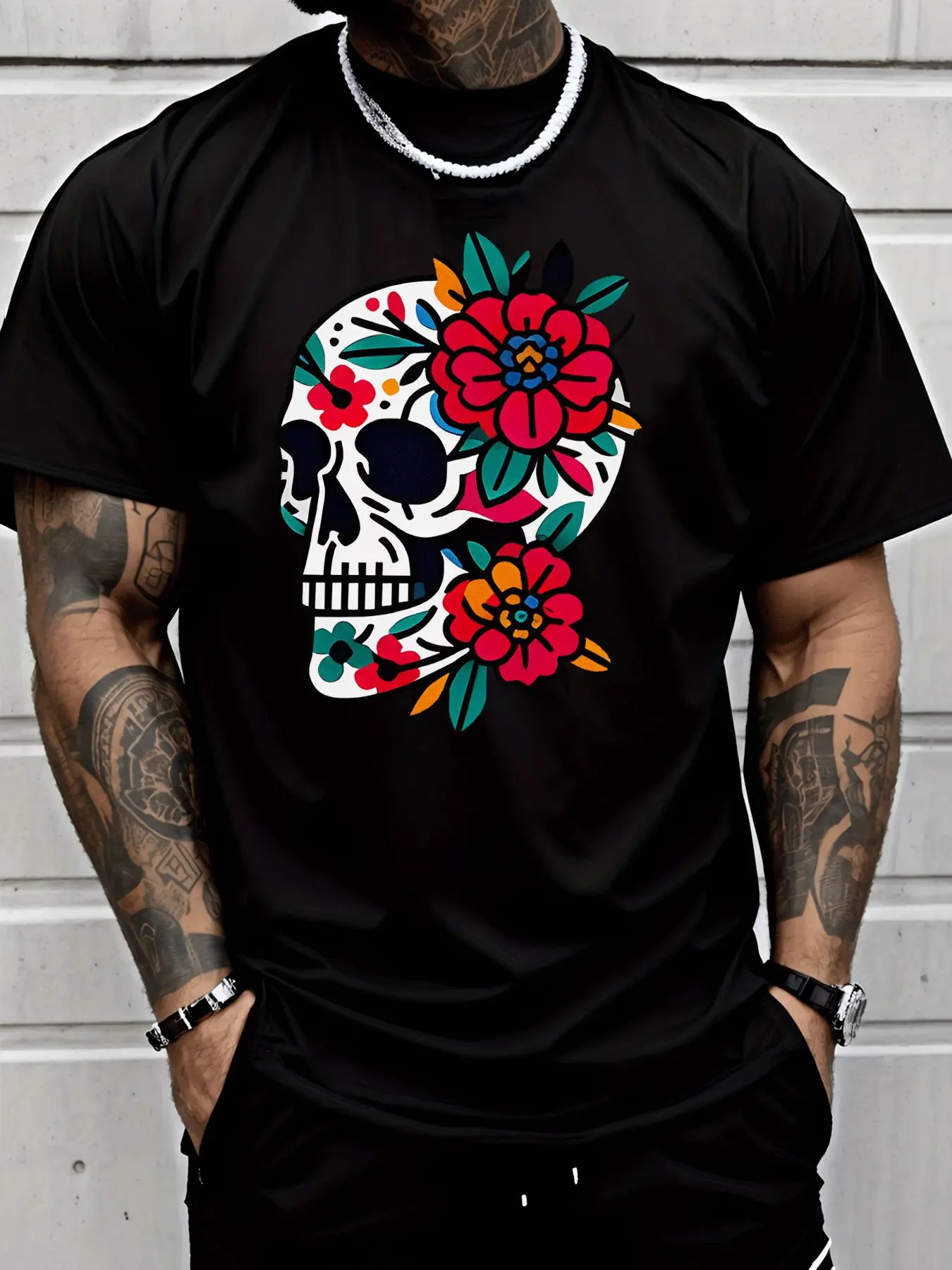 Men Short Sleeve T Shirt Sugar Skull Floral Graphic Tee Floral Print Tops Summer Soft Cotton Casual Street Wear For Adult Male