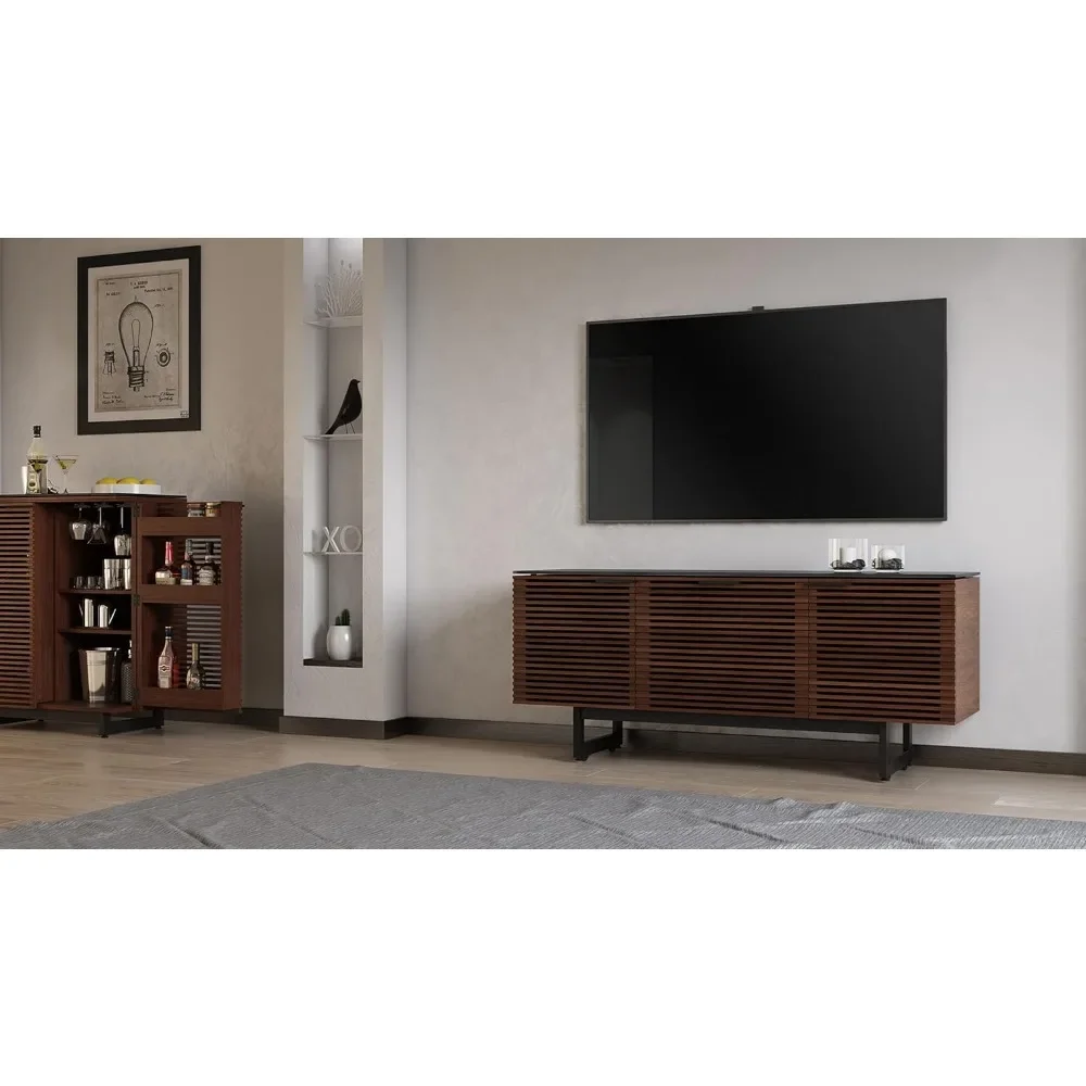 

TV cabinet for TVs up to 70 inches, storage drawers, remote-friendly shutter doors, satin-etched glass countertops