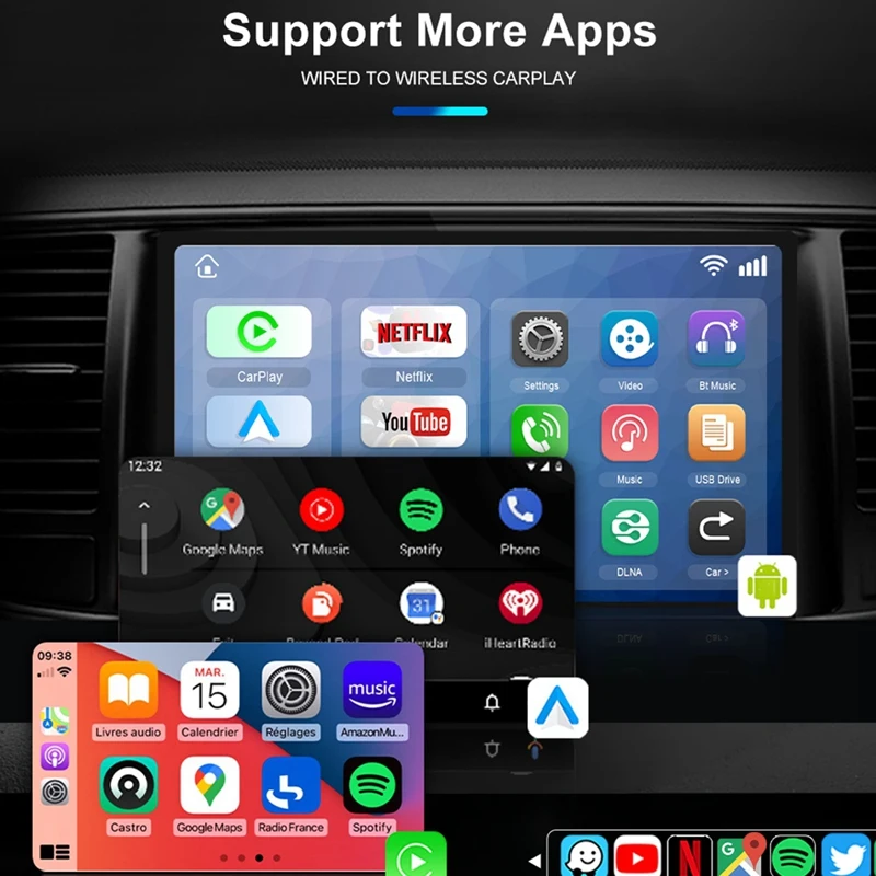 Carplay Box Wired To Wireless Android Auto 3 In 1 Adapter USB-C Adapter Smart Ai Box Plug And Play Bluetooth Wifi USB GPS