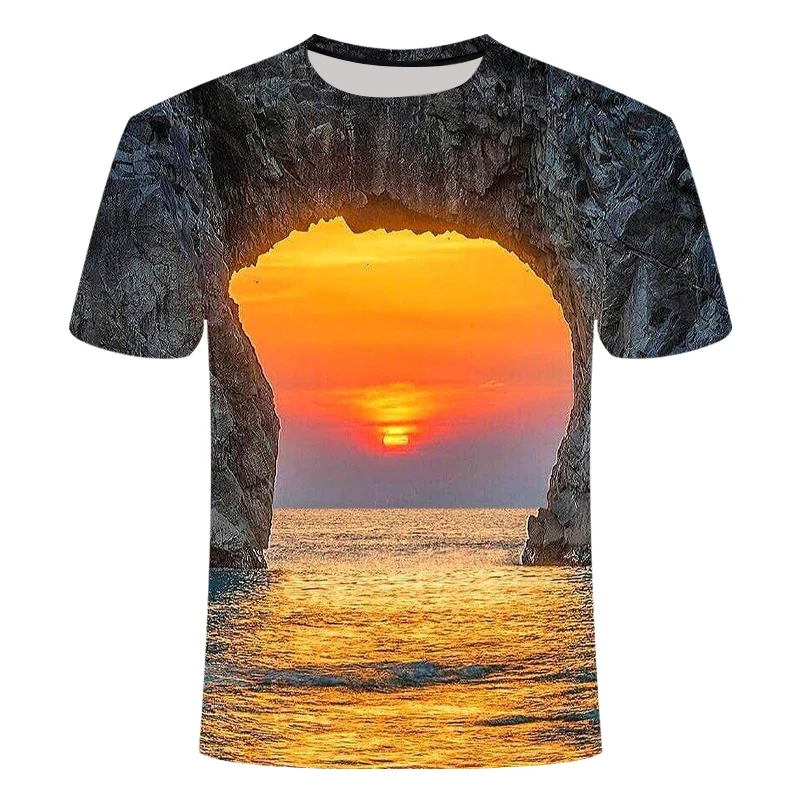 New Natural Landscape Pattern T-shirt 3d Sunset Glow Casual Men And Women Personalized Printed Breathable Lightweight Top