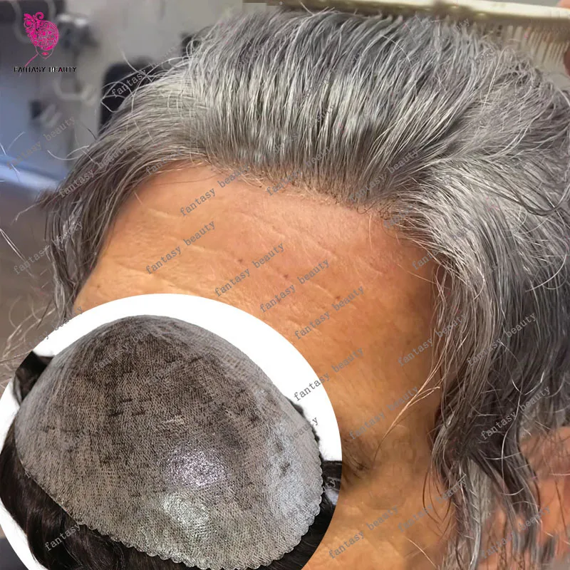 Natural Hairline Super Thin Skin Full PU Silicon Mens Toupee Grey 1B40 1b65 100% Human Hair Male Wig System Capillary Prosthesis