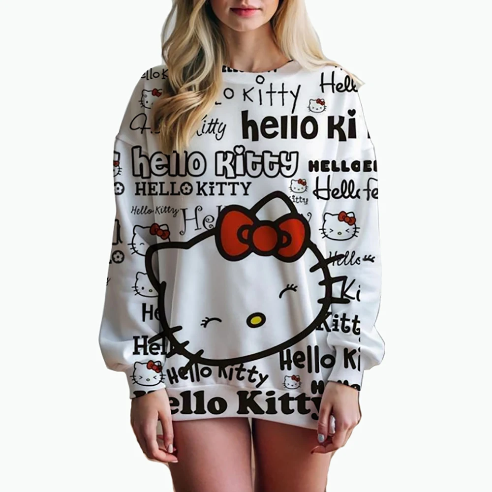 O Neck Hello Kitty Women\'s Long Sleeve Sweatshirts Autumn Lovely 2024 Leisure 3D Print Pullovers S-3XL Youthful Woman Clothes