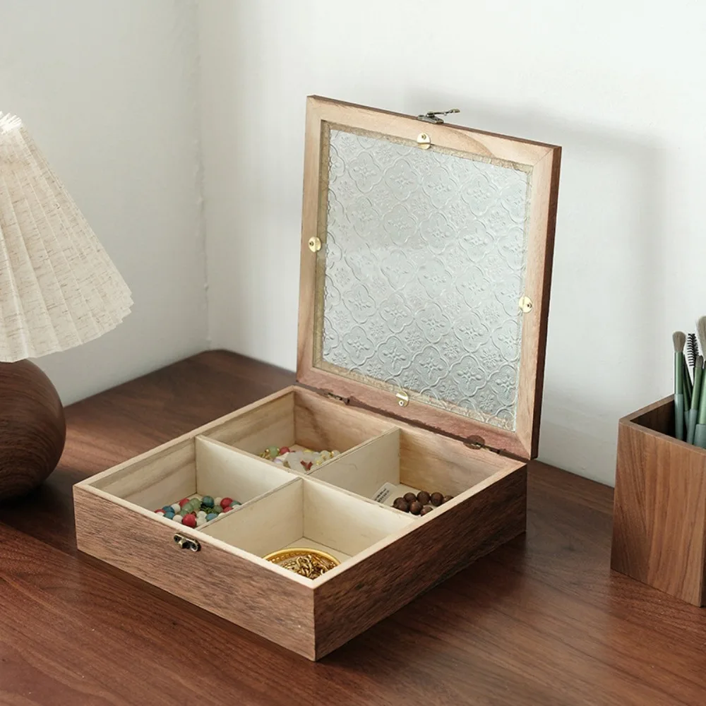 

Vintage Wooden Jewelry Storage Box Crabapple Flower Decorative Glass Cover Jewelry Box Desktop Sorting Flip Cover