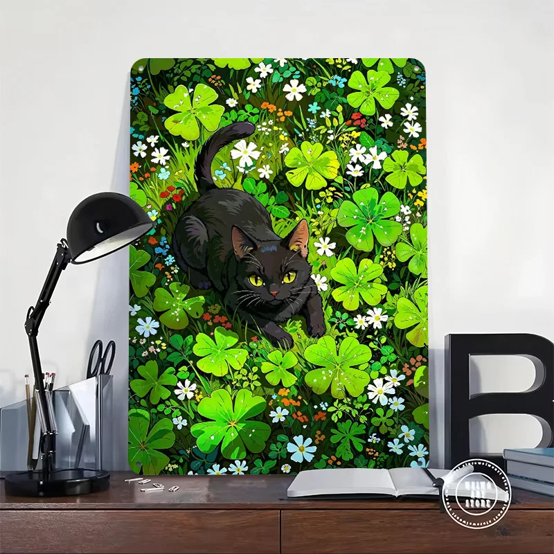 Black Cat in Clover Field 3D Texture Printed Poster Custom Vintage Metal Tin Plate Sign for Wall Art Gaming Room Decoration Man