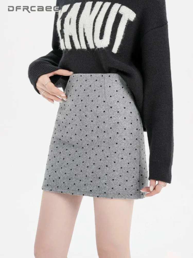 Zwart Hart Polka Dot Wol Kokerrok Dames Herfst Winter Hoge Taille Casual Slanke Koreaanse Korte Rokken Vrouw