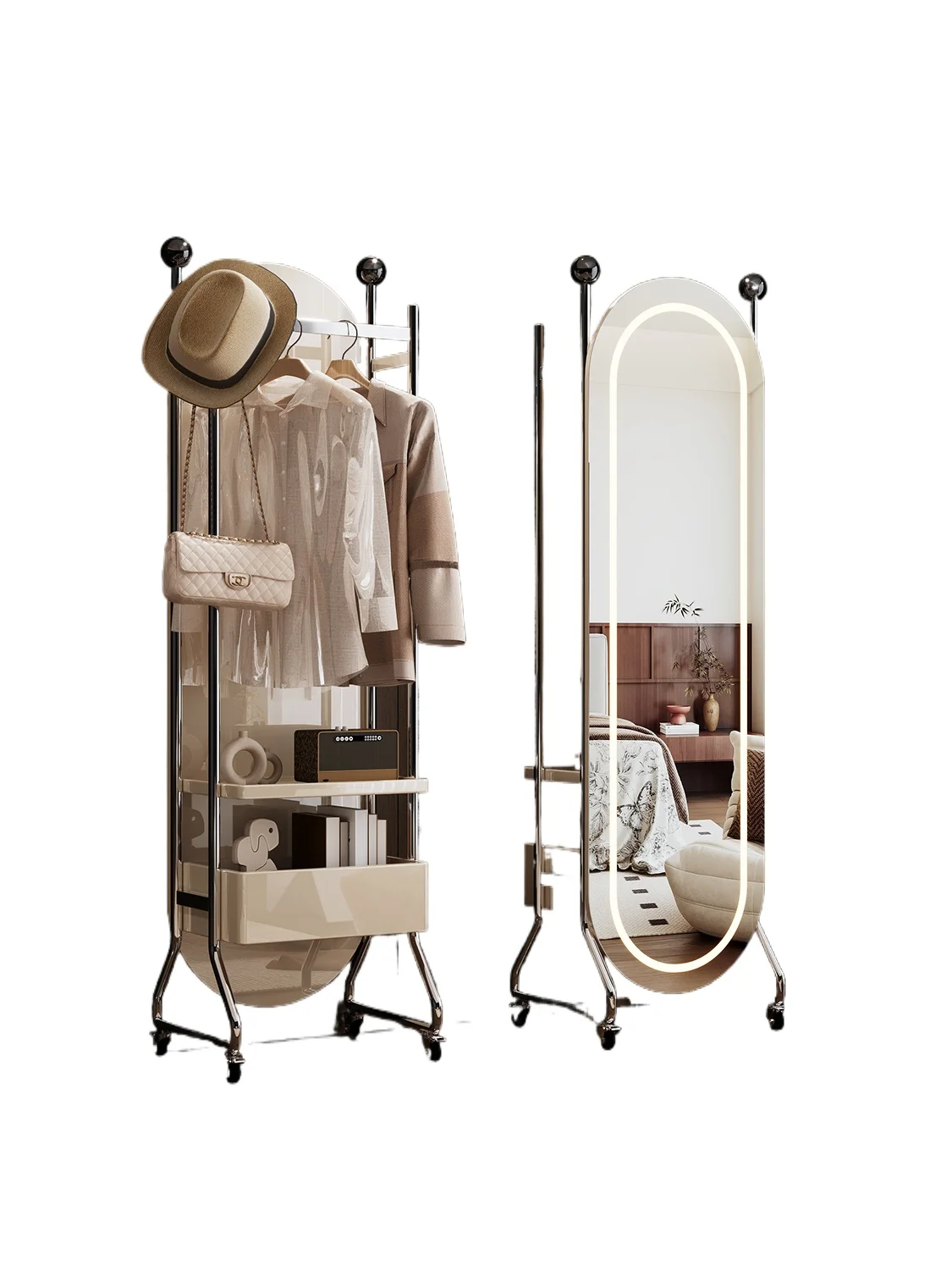 

Cream wind coat rack Floor-to-ceiling bedroom removable full-length mirror hanger integrated household full-length mirror