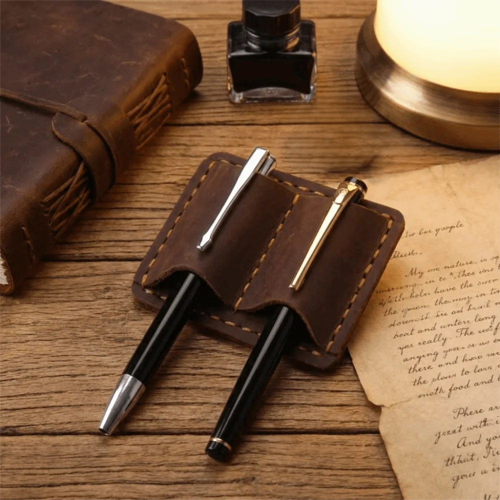 Picture 6: Double Vintage Leather Pen Loop Holder Metal Clip Elegant Retro Pen Holder Dual Pen Slots Anti-lost Leather Pen Clip Stationery