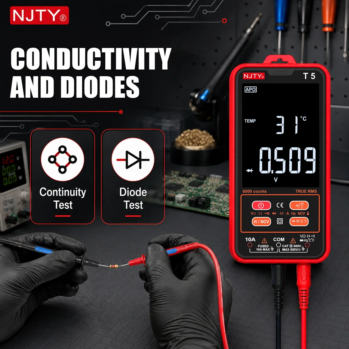 T5 Smart Digital-Multimeter mit Farbdisplay, 6000 Zählungen, True RMS, automatische Bereichswahl, AC/DC-Spannung, Strom, Widerstand, NCV, Temperaturmessgerät – Detail 5