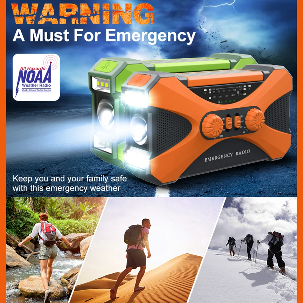 10000mAh AM/FM/NOAA Weather Radio Solar Powered Hand Crank Radio with LED Flashlight USB Phone Charger Outdoor Emergency Radio
