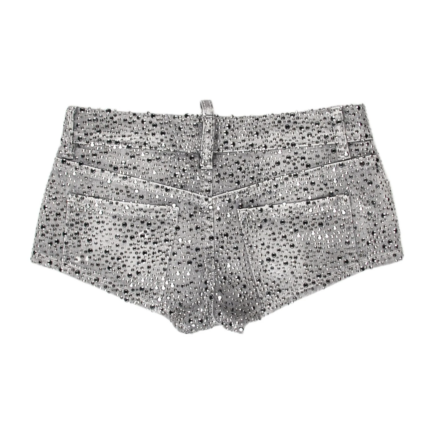 Silver Rhinestone Studded Low Rise Denim Shorts for Women Sparkly Distressed Bling Summer Y2K Short Pants