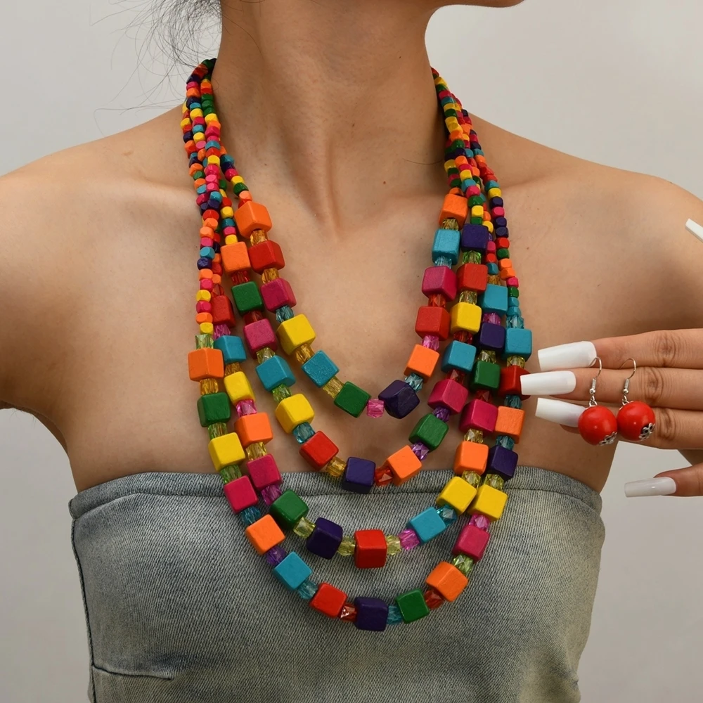 Fashion Bohemian Colorful Square Wood Bead Handmade Beaded Multi Layer Long Necklace Sweater Chain For Women Party Accessories