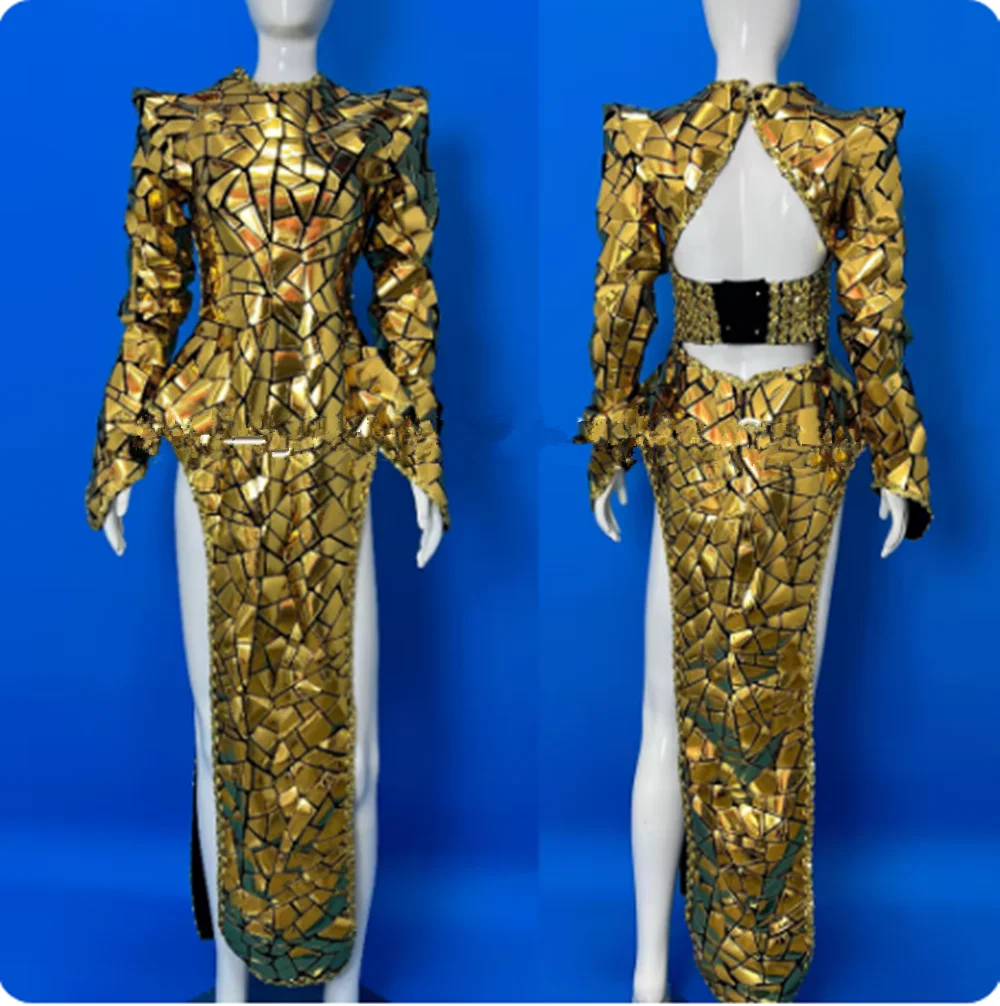 Golden Mirror Face Sexy Gogo Dance Dress Nightclub Bar Party Show Clothes Dancehall Queen Outfit Stage Costumes Clubwear