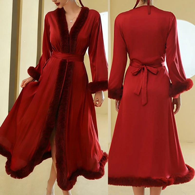 

Длинный свадебный халат для невесты, роскошный шелковый атласный кимоно-халат, сексуальный женский банный халат, свободная домашняя одежда, повседневная ночная рубашка