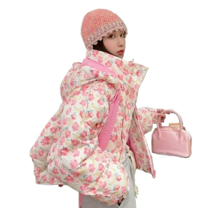 Loose Hooded Thick Short Bread Outerwear Autumn and Winter New Korean Style Cute Flower-patterned Cotton-padded Jacket for Women