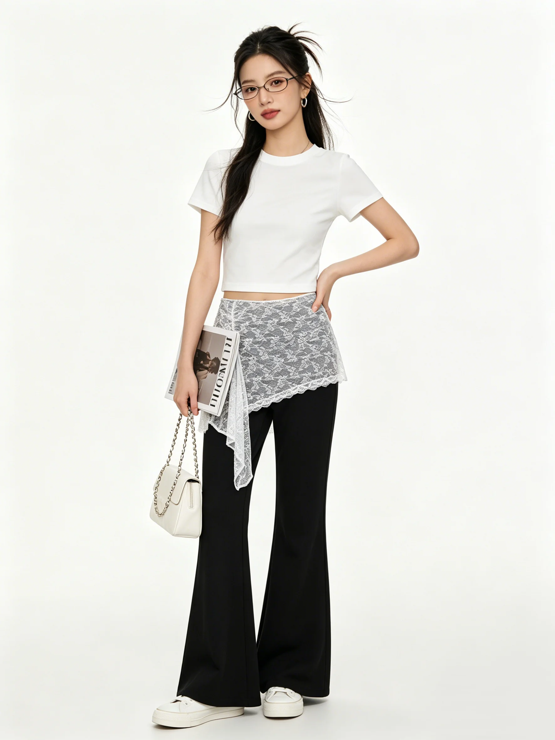 

Элегантные женские брюки-клеш с кружевными вставками и эффектом двухслойности, с низкой талией, повседневные, универсальный дизайн, весна 2026, комфортные, дышащие