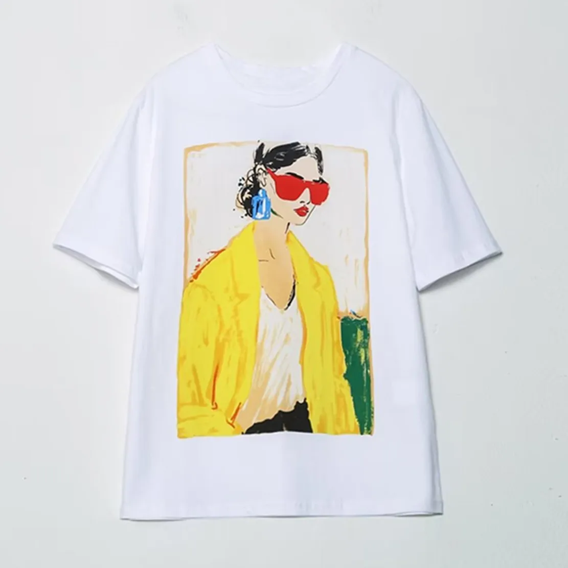 

Maxdutti Fashion Girls Character Print Tshirts Tops Round Collar 100% Cotton 2023 Summer Tshirts Women