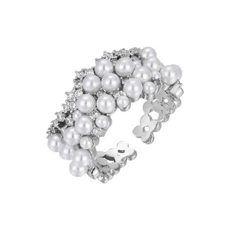 

New Zircon Inlaid Pearl Openning Rings Fashion Jewelry for Girls Wedding Party Luxury Accessories For Women's Ring