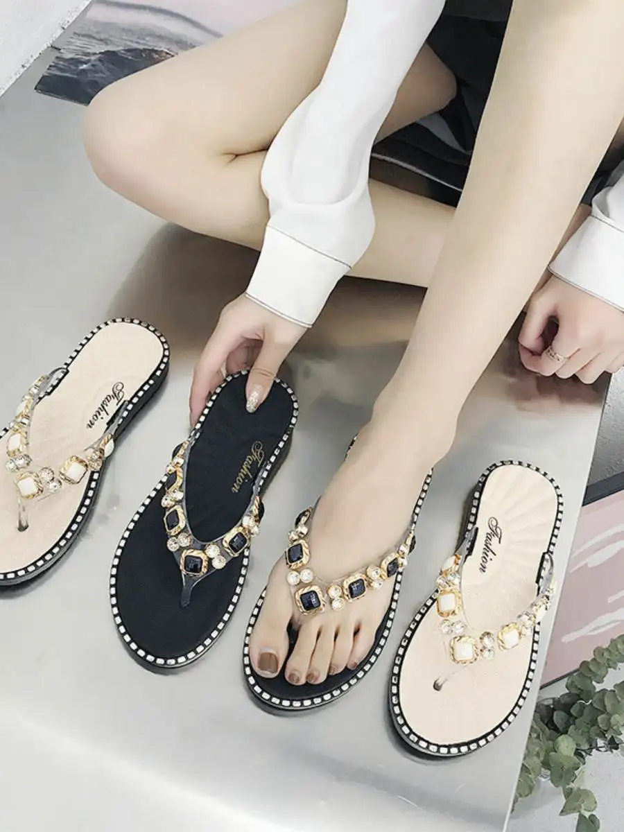 

2023 New Women's Sandals Slippers Diamond Embellied Crossbody Footwear Flat Heel PVC Material Casual Sle Pure Color Design