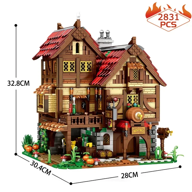 Street View Stadt Europäischen Jahrhundert Mittelalterlichen Taverne Haus Bausteine Land Villa Modell Ziegel Spielzeug Für Kind Geburtstag Geschenk MOC