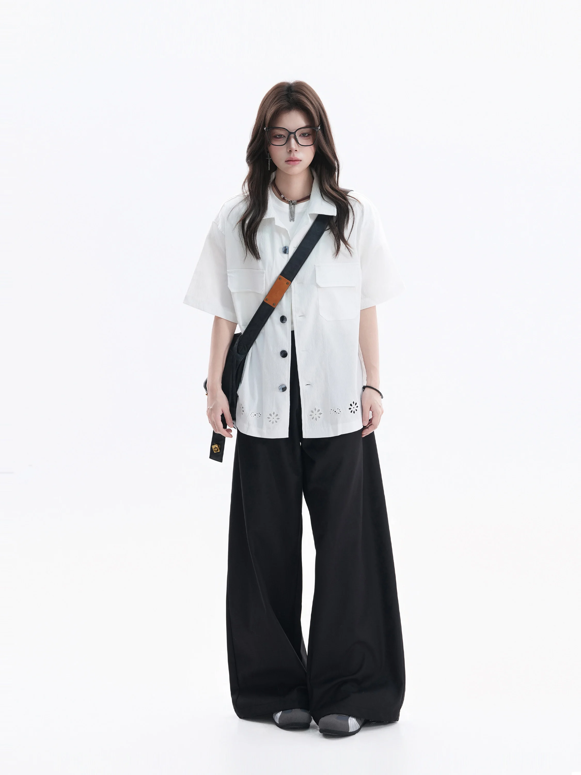 

Ретро-американская женская рубашка с кружевной ажурной текстурой, коротким рукавом, свободного кроя, из смесового полиэстера и спандекса, повседневная, на пуговицах