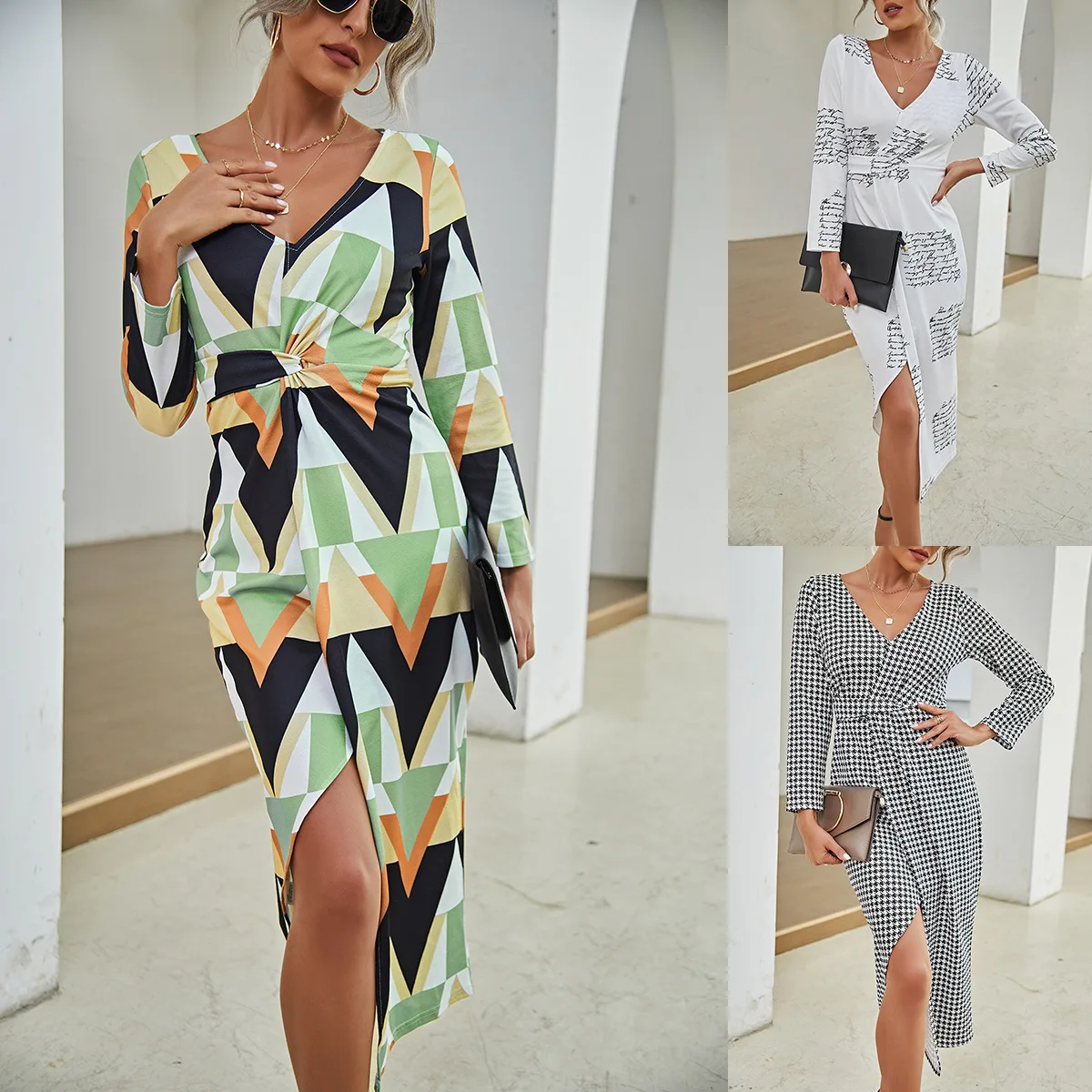 New Spring and Autumn women's clothing fashion temperament, casual commuting, sexy and elegant V-neck long sleeved slit dress