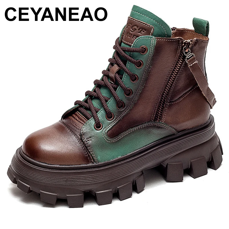 

Shoes Women Boots Genuine Leather Mixed Colors 2024 New Autumn Winter Zip Round Toe Retro Handmade Leisure Ankle Boots