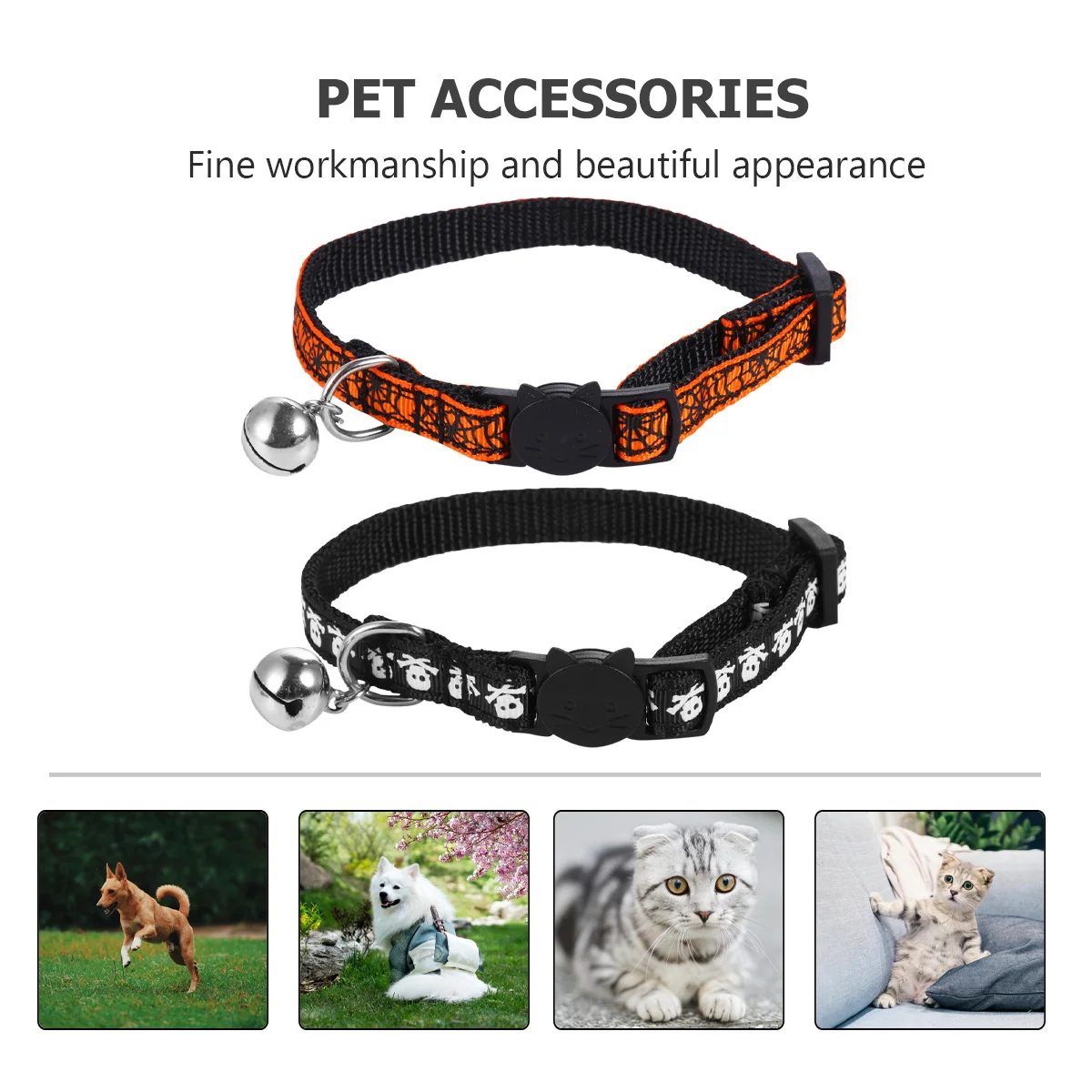 

2Pcs Pet Necklace Elastic Adjustable Collar Halloween Skull Spider Web Design Large Bell Cat Neck Ring Pet Tie