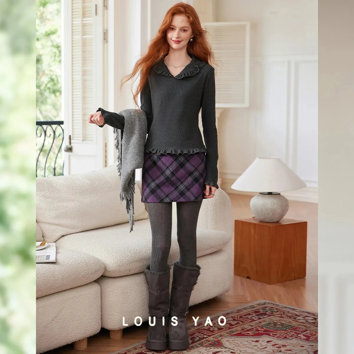 

LOUIS YAO Regular Shoulder Ruffled Collar Women's T-shirt 2025 Autumn Elegant Pullover Women's Tees Stylish Long-sleeved Shirts