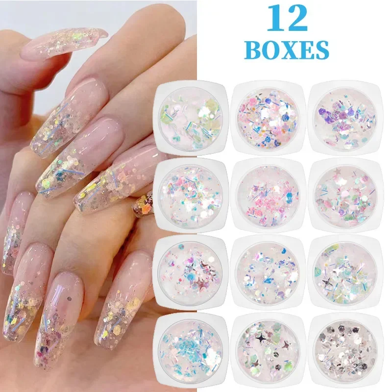 12 Kleuren Poeder Sprankelende Zeshoek Nagel Glitter Laser Iriserende Nail Art Glitter Pailletten Manicure Diy Accessoires