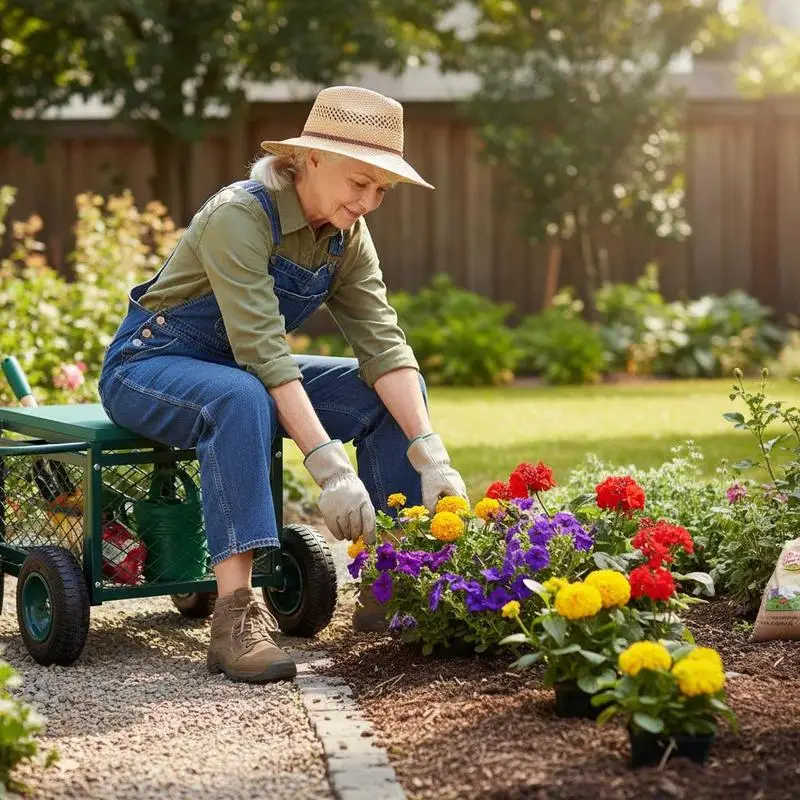 Rolling Garden Cart with Seat, Metal Rolling Garden Work Seat with Wheels, Supports up to 400 LBS, Heavy Duty Gardening Cart Scooter, Outdoor Wagon & Stool on Wheels for Lawn, Patio, Backyard