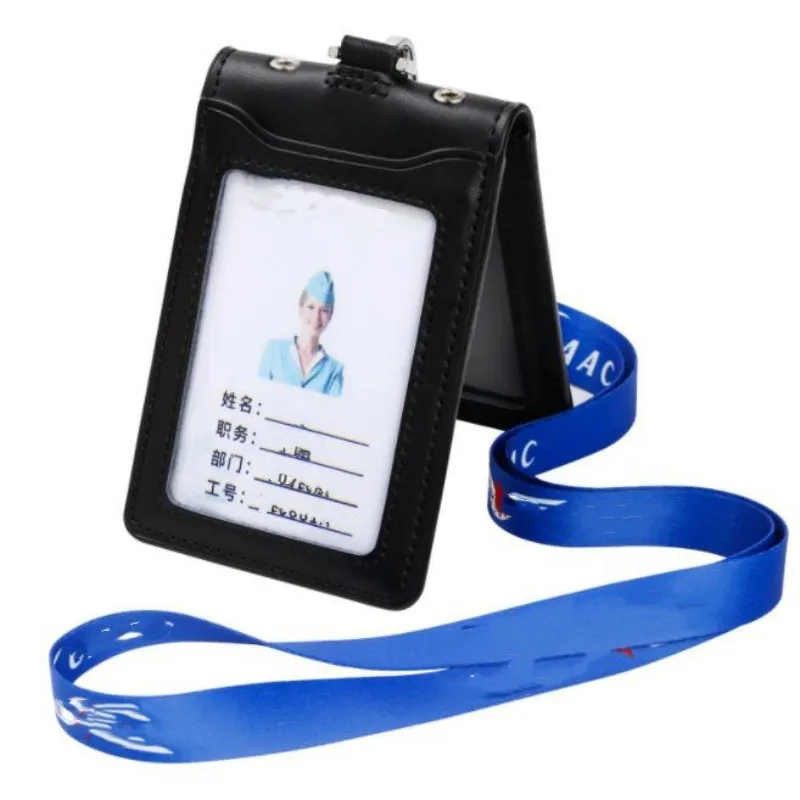 Juego de tarjetas de trabajo de cuero genuino, funda cartuchera para tarjetas de identificación, Clip para nombre de fábrica de crédito bancario, archivador de insignia, cordón para etiqueta de aviación