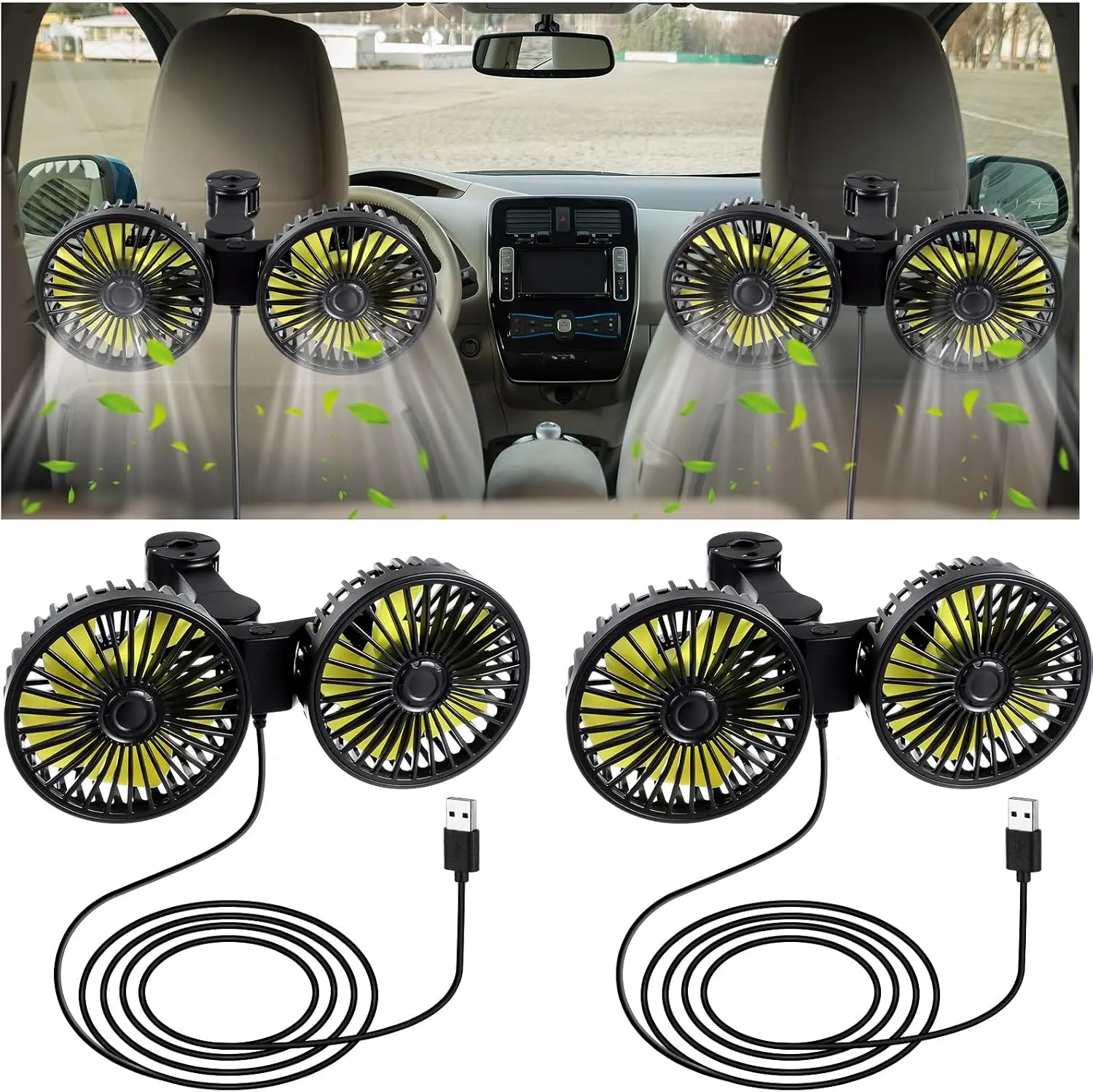 2026 New Upgrade Dual Car Seat Fans For Portable USB Backseat Cooling 12v Headrest 360 Degree Rotatable Fan Powerful