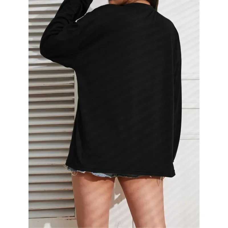 Modna damska koszulka z długim rękawem w jednolitym kolorze, z okrągłym dekoltem, w rozmiarach plus size 1XL-5XL, idealna na jesień, codzienna i wygodna.