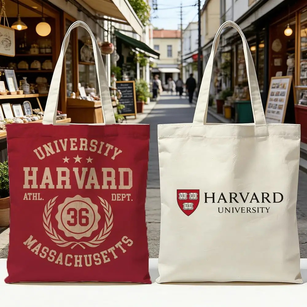 Harvard University Storage Bags Washable Reversible Shopping Bag with White Handles, for Daily School & Market Use