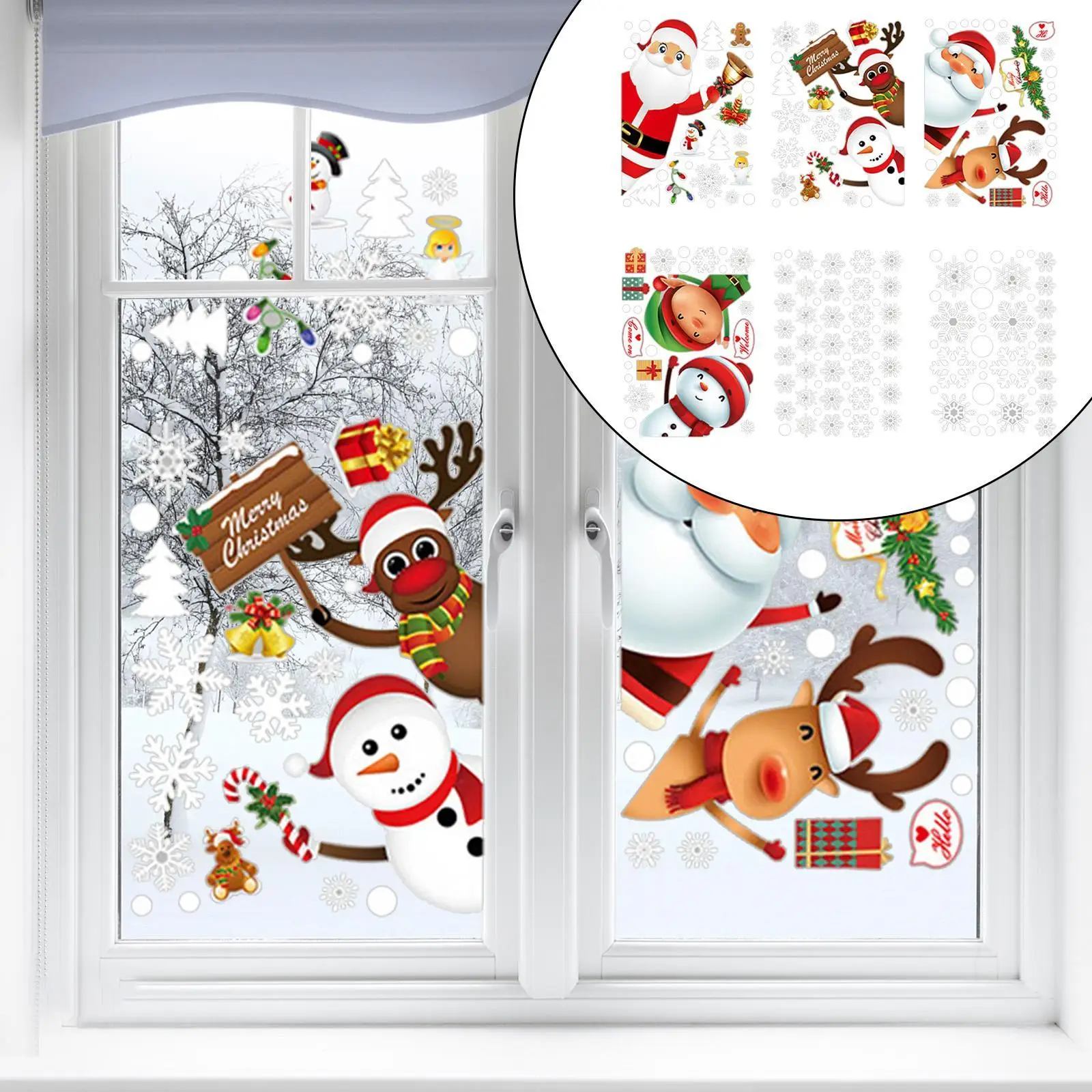 6 Sheets Christmas Window Stickers Christmas Decorations,Santa Claus Snowman Xmas Decor Static Clings for Winter Home Holiday