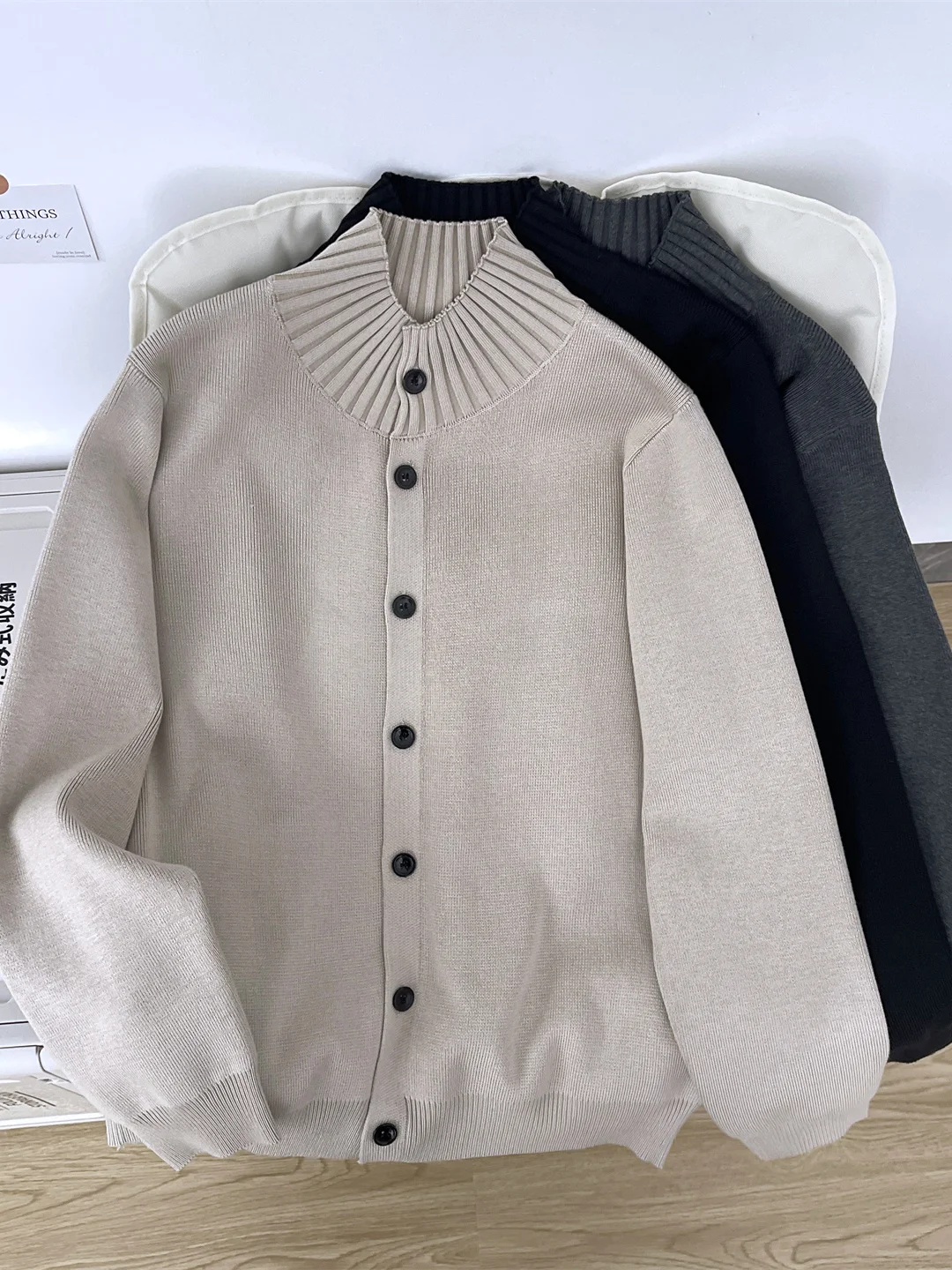 

Мужской вязаный свитер на пуговицах с высоким воротником, теплый однотонный кардиган, повседневная длинная верхняя одежда све на осень-зиму