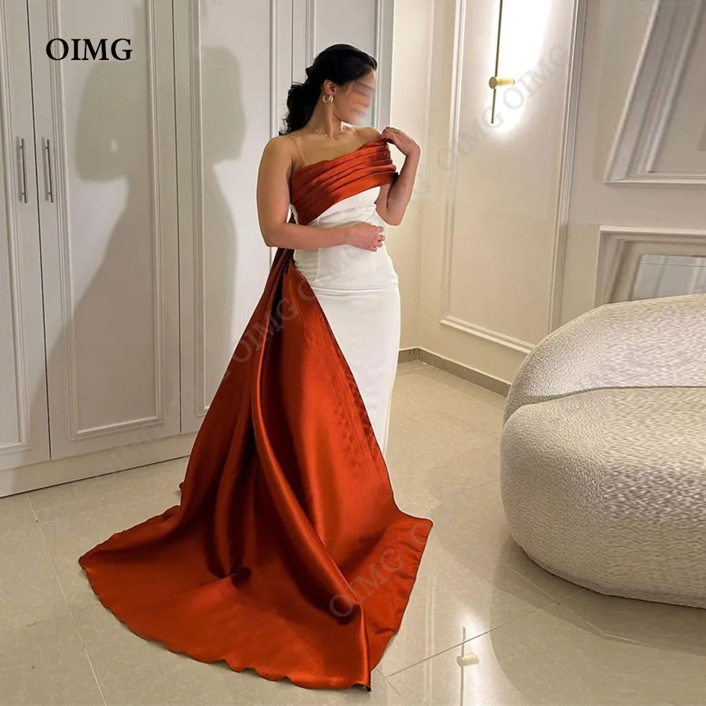 

OIMG Brunt Orange/White Mermaid Evening Dresses One Shoulder Prom Dresses Formal Prom Gowns Dubai Satin Arabic Party Gowns