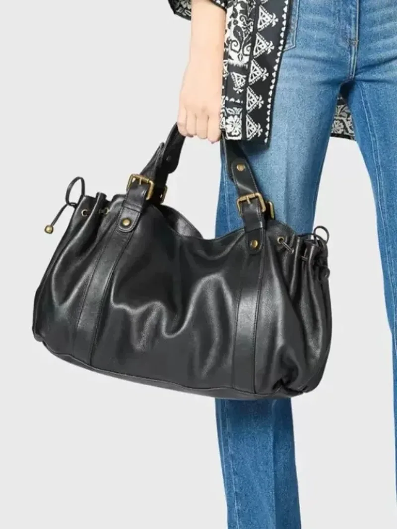 2026 Damen Hobo-Tasche aus weichem Leder, Vintage Schwarz, Plissierte Schultertasche, Designer-inspirierte Handtasche mit großem Fassungsvermögen – Detail 1