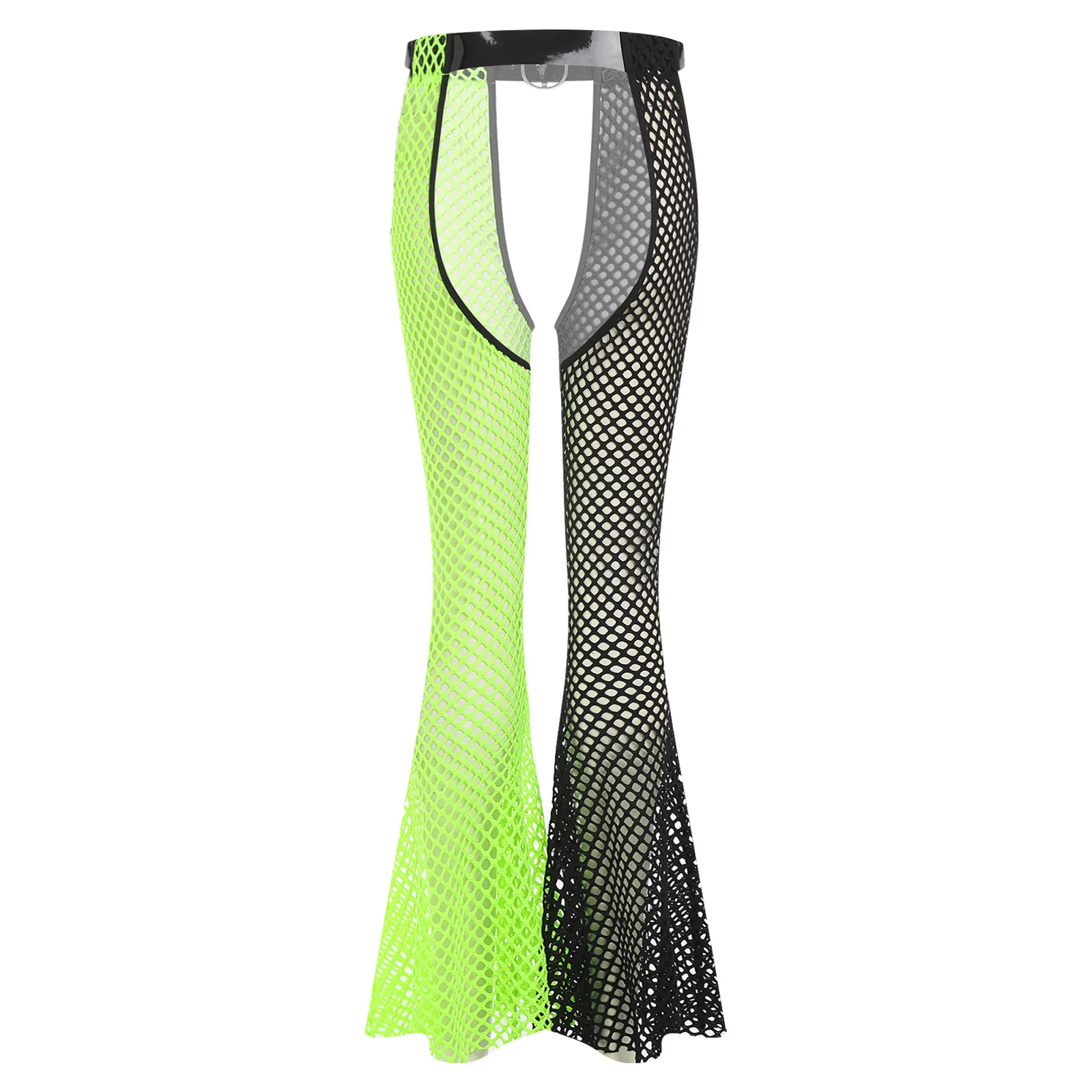 여성용 피쉬넷 메쉬 차프스, 크로치 컷아웃 와이드 레그 팬츠, 배색 허리 벨트 포함, 할로윈 레이브 클럽 파티용