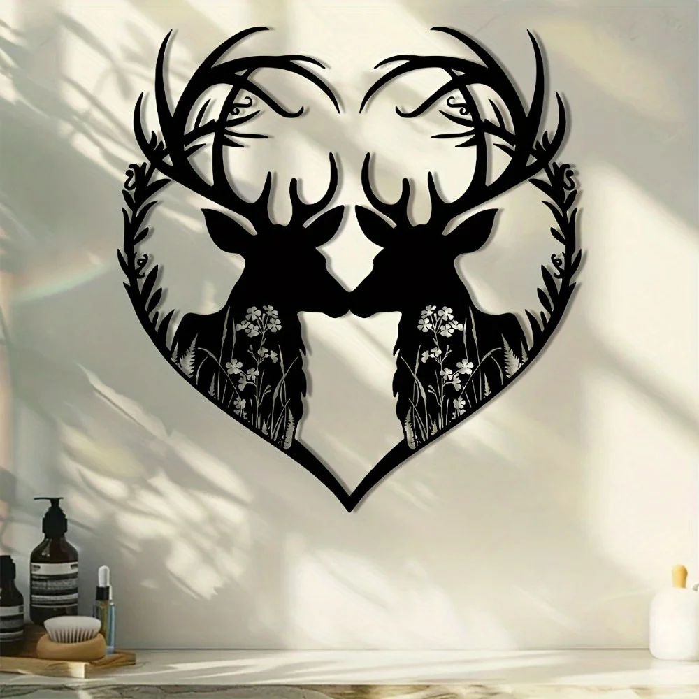 Escultura de pared de metal en forma de corazón de ciervo de pareja | Silueta negra, detalles florales, regalo de Halloween y Navidad, decoración de boda/hogar