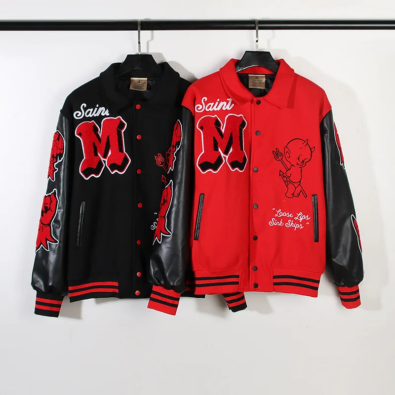 

Streetwear Hip Hop Letter Flocked Cartoon Patch Embroidery Baseball Uniform PU Leather Sleeve Jacket Men and Women Loose Coats