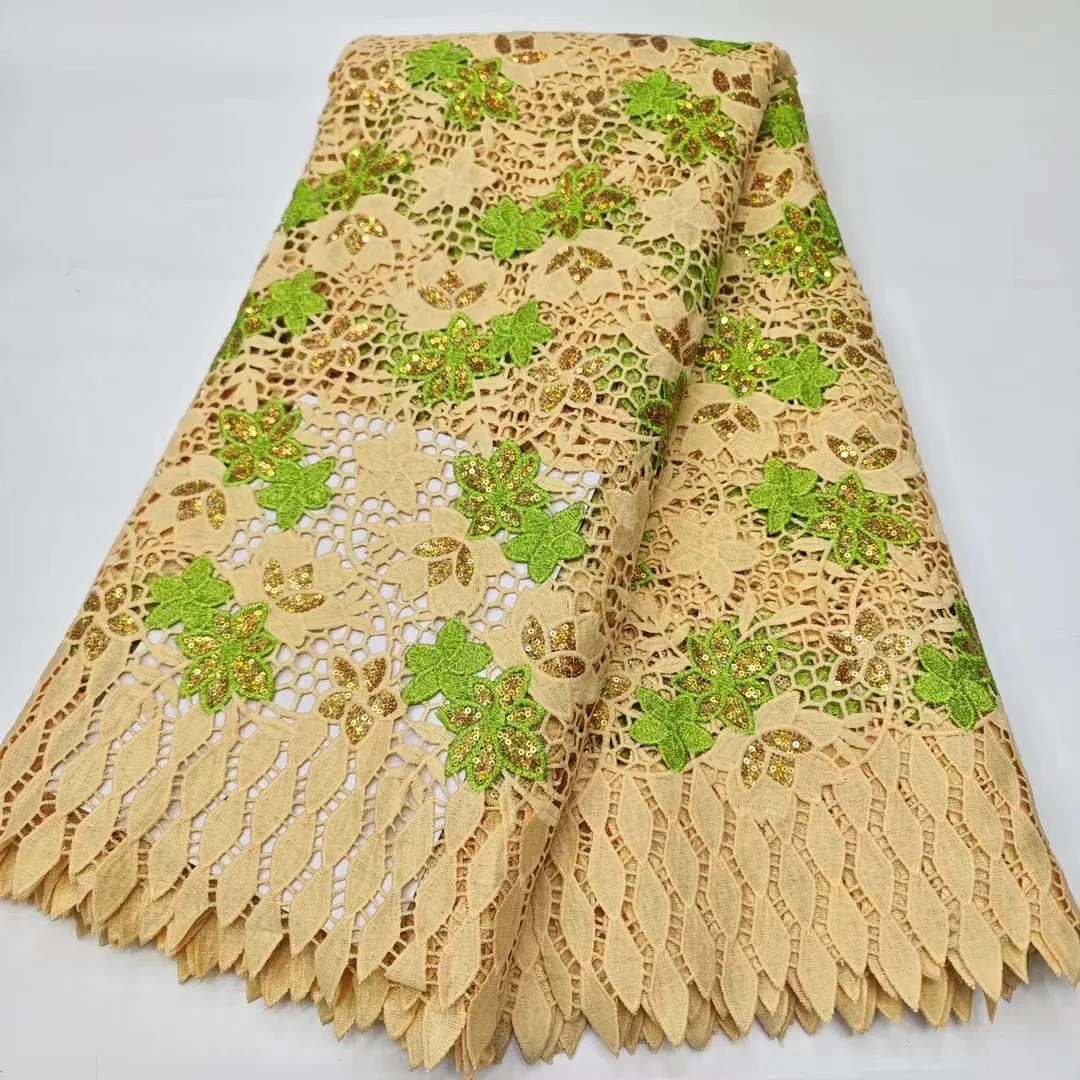 

(5yards/pc) Beautiful green beige African water soluble party lace two colored cord lace fabric with sequins for dress WXS003