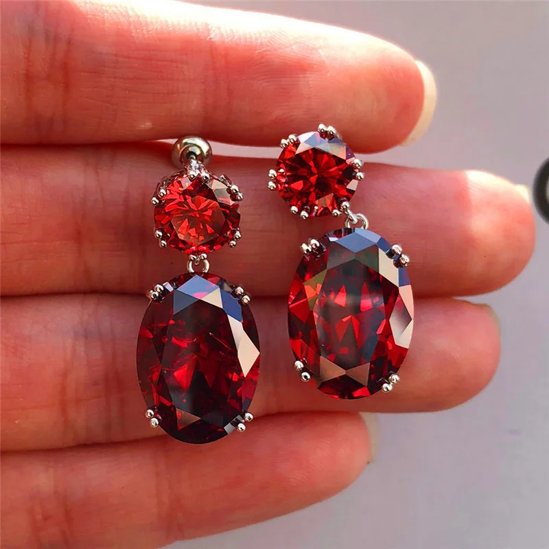 Carat Round Red Garnet Flower Stud Earrings for Women Fashion Engagement Jewelry Birthday Gifts New Water Drop Long Earrings