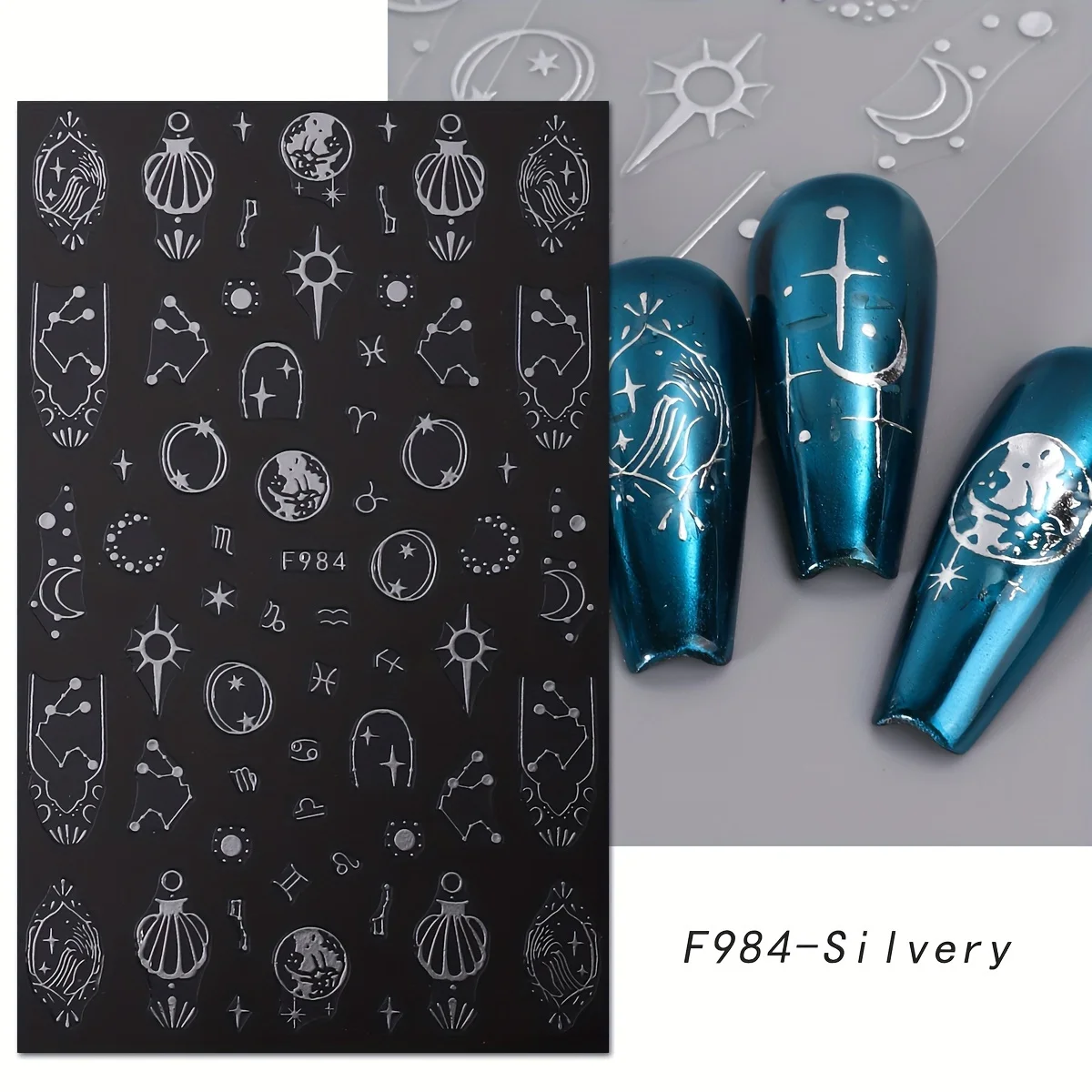 8pcs silver sun moon star nail art stickers, easy to apply for nail decoration, DIY, gift, party and wedding makeup styling view 5